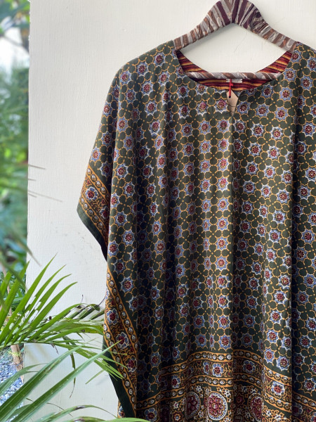 BOTTLE GREEN AJRAKH BLOCK PRINT COTTON KAFTAN