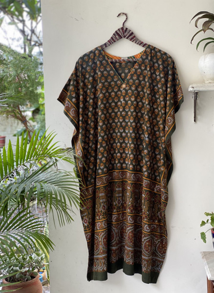 BOTTLE GREEN AJRAKH BLOCK PRINT COTTON KAFTAN