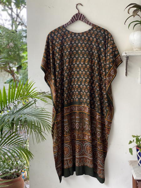 BOTTLE GREEN AJRAKH BLOCK PRINT COTTON KAFTAN