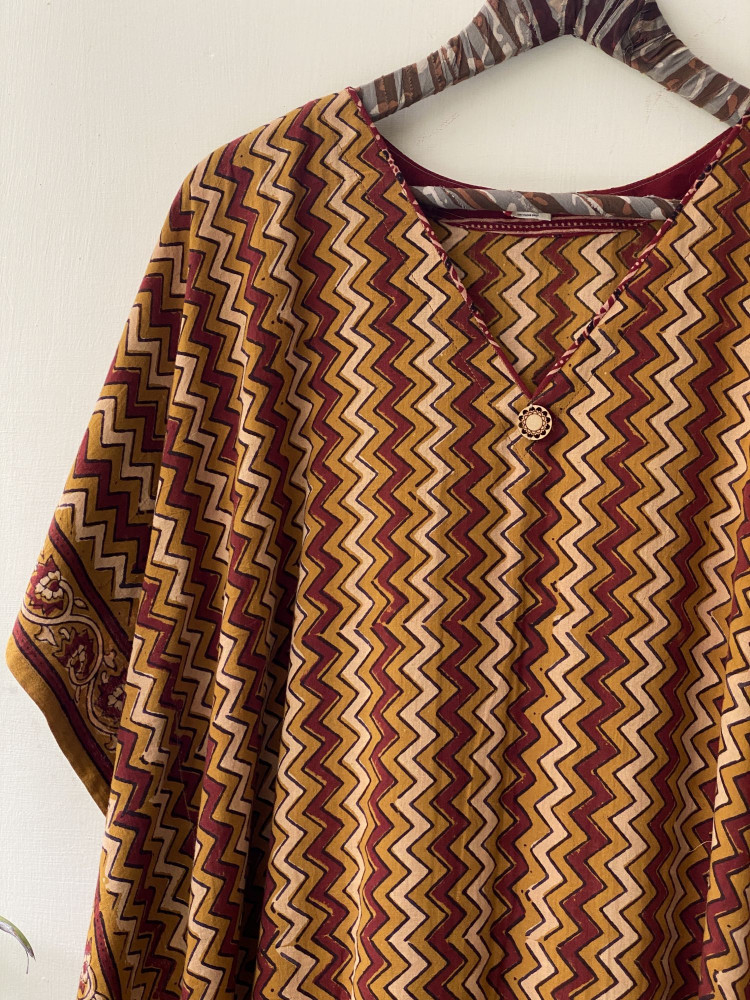Image of MUSTARD AJRAKH BLOCK PRINT COTTON KAFTAN