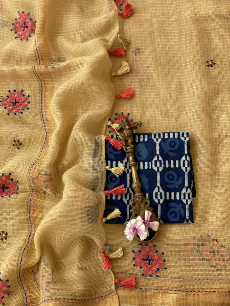 BEIGE  KOTA COTTON HAND EMBROIDERED SARI