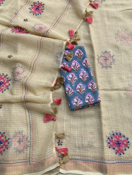 BEIGE  KOTA COTTON HAND EMBROIDERED SARI