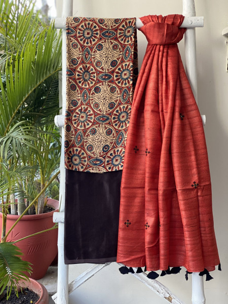 BEIGE-RUST KATHIYA WOVEN SILK EMBROIDERED dupatta Set