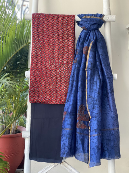 MAROON-INDIGO BATIK PATCHWORK CHANDERI SILK dupatta Set