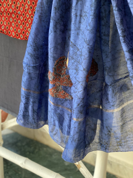 MAROON-INDIGO BATIK PATCHWORK CHANDERI SILK dupatta Set