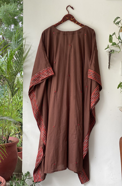 BROWN SOLID EMBROIDERED MUL COTTON KAFTAN