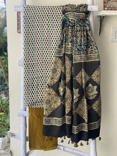 BEIGE-BLACK ajrakh handcrafted modal silk dupatta  SET
