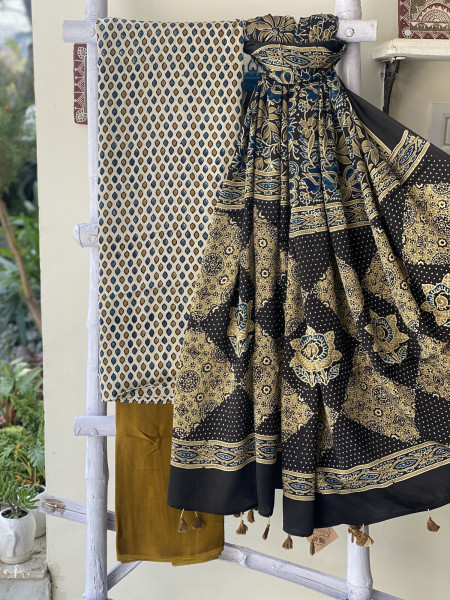 BEIGE-BLACK ajrakh handcrafted modal silk dupatta  SET
