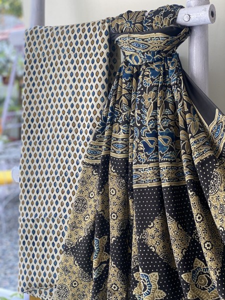 BEIGE-BLACK ajrakh handcrafted modal silk dupatta  SET