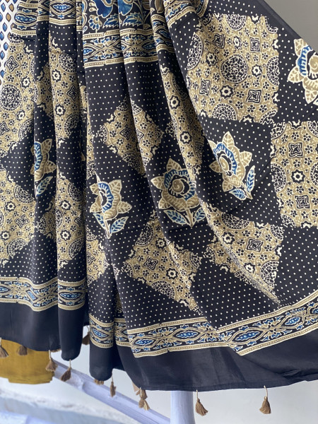 BEIGE-BLACK ajrakh handcrafted modal silk dupatta  SET