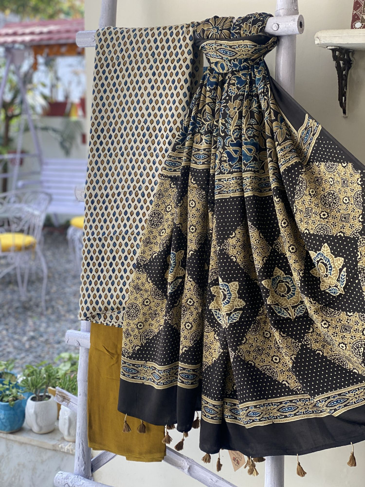 Image of BEIGE-BLACK ajrakh handcrafted modal silk dupatta  SET