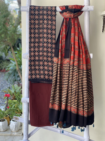 BLACK-RED ajrakh handcrafted modal silk dupatta  SET