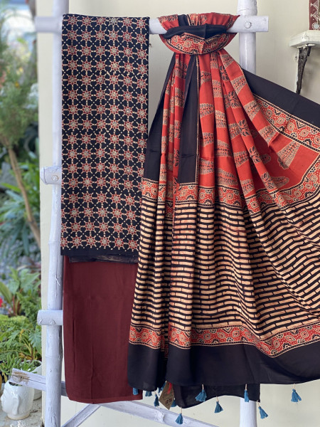 BLACK-RED ajrakh handcrafted modal silk dupatta  SET