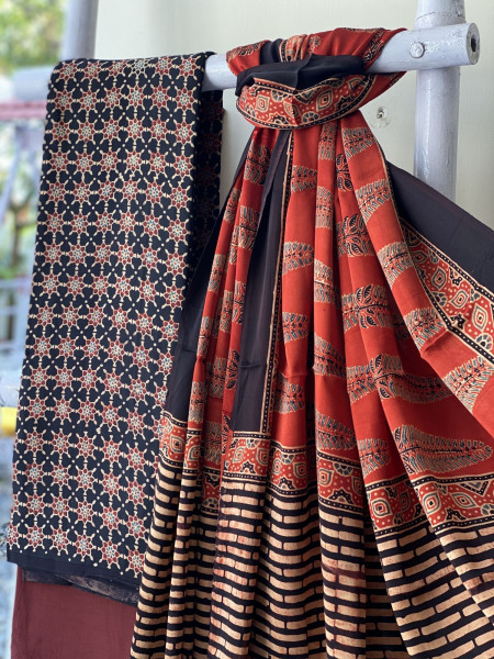BLACK-RED ajrakh handcrafted modal silk dupatta  SET