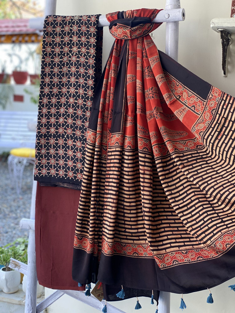 Image of BLACK-RED ajrakh handcrafted modal silk dupatta  SET