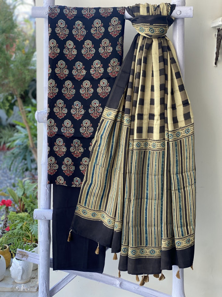 BLACK-MUSTARD ajrakh handcrafted modal silk dupatta  SET