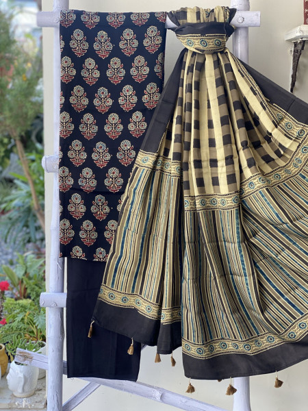 BLACK-MUSTARD ajrakh handcrafted modal silk dupatta  SET