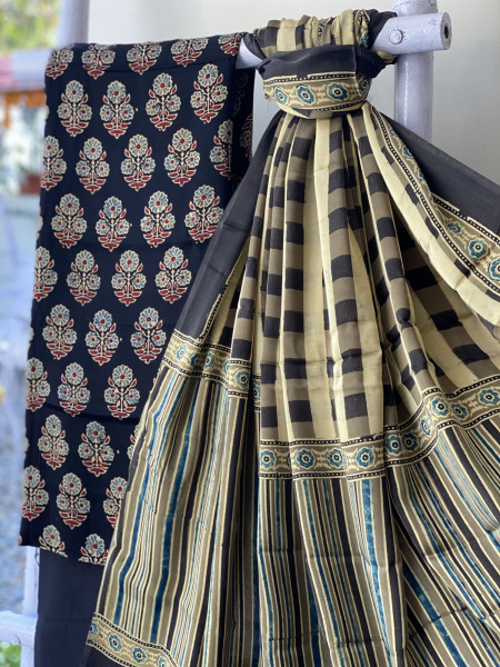 BLACK-MUSTARD ajrakh handcrafted modal silk dupatta  SET