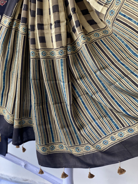 BLACK-MUSTARD ajrakh handcrafted modal silk dupatta  SET