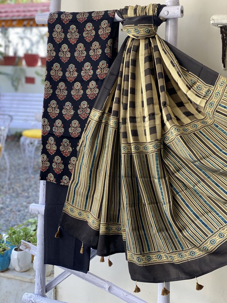 Image of BLACK-MUSTARD ajrakh handcrafted modal silk dupatta  SET