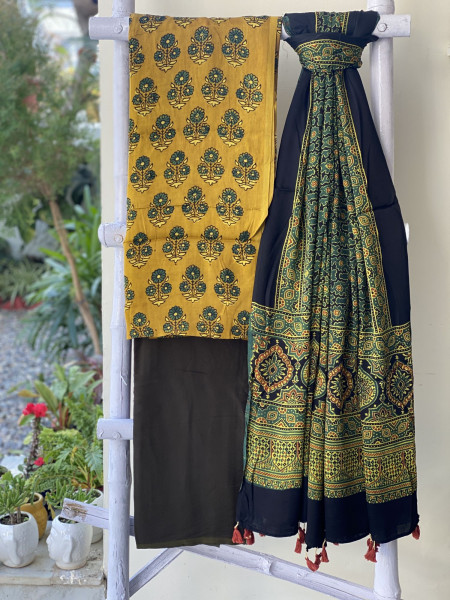 MUSTARD-BOTTLE GREEN ajrakh handcrafted modal silk dupatta  SET