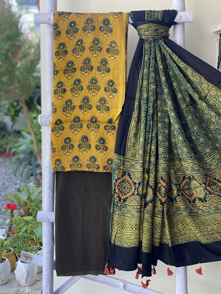 MUSTARD-BOTTLE GREEN ajrakh handcrafted modal silk dupatta  SET