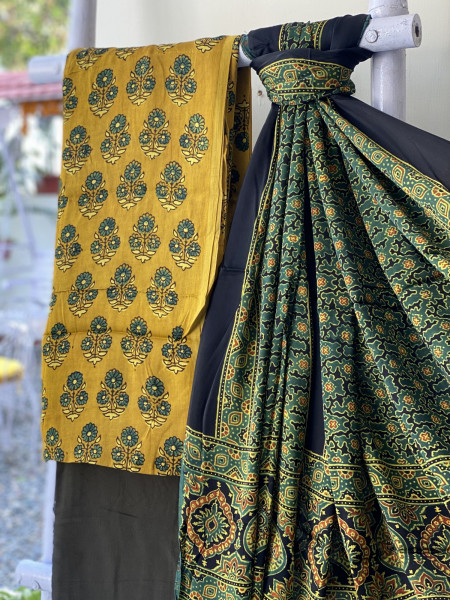 MUSTARD-BOTTLE GREEN ajrakh handcrafted modal silk dupatta  SET