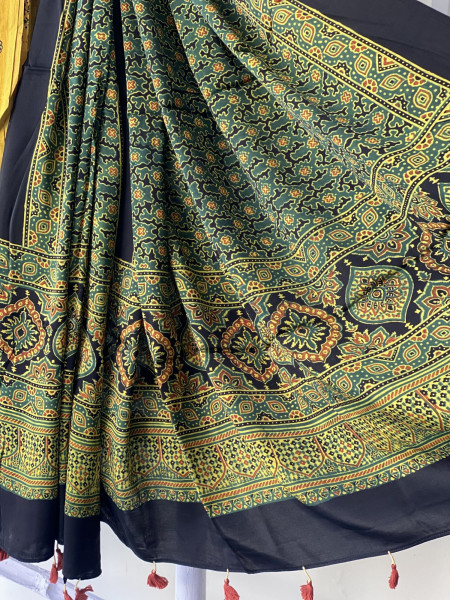 MUSTARD-BOTTLE GREEN ajrakh handcrafted modal silk dupatta  SET