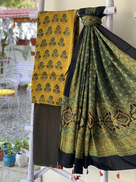 MUSTARD-BOTTLE GREEN ajrakh handcrafted modal silk dupatta  SET
