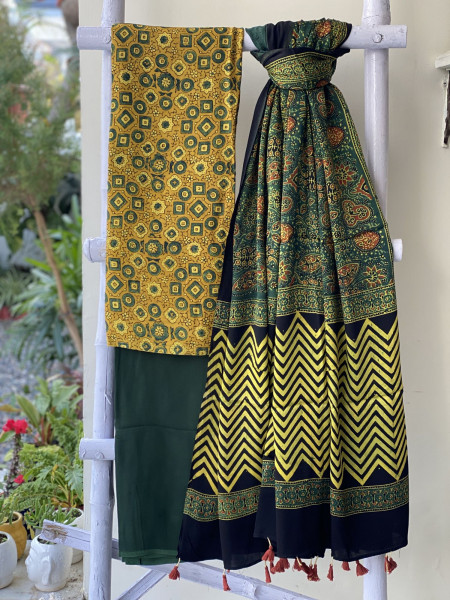 MUSTARD-BOTTLE GREEN ajrakh handcrafted modal silk dupatta  SET