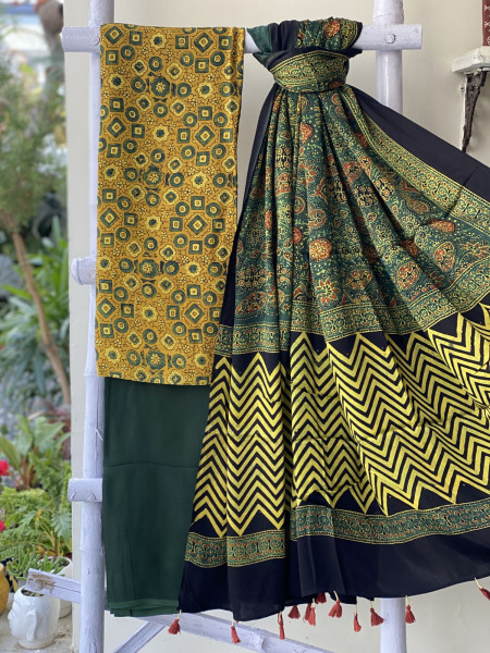 MUSTARD-BOTTLE GREEN ajrakh handcrafted modal silk dupatta  SET