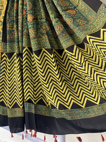 MUSTARD-BOTTLE GREEN ajrakh handcrafted modal silk dupatta  SET