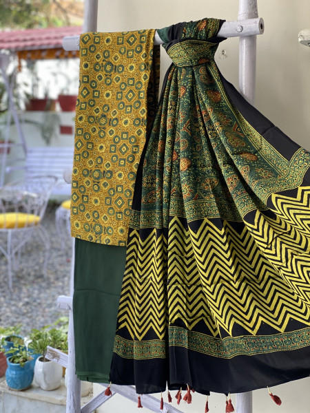 MUSTARD-BOTTLE GREEN ajrakh handcrafted modal silk dupatta  SET