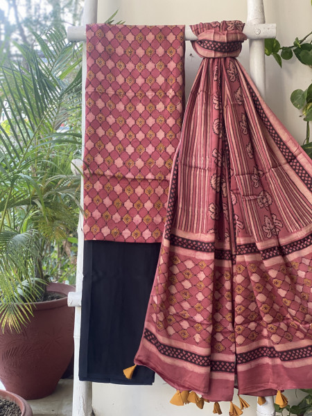 RUBY-BLACK AJRAKH MODAL SILK DUPATTA SET