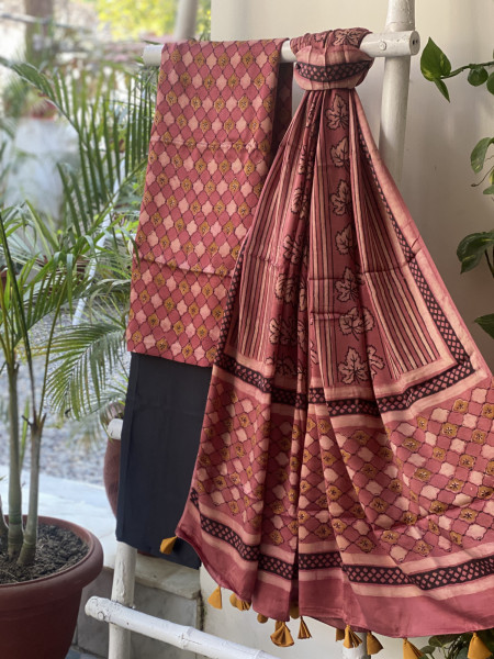 RUBY-BLACK AJRAKH MODAL SILK DUPATTA SET