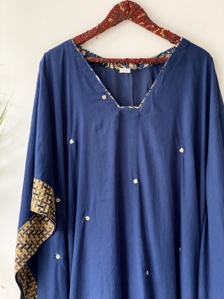 INDIGO SOLID EMBROIDERED MUL COTTON KAFTAN
