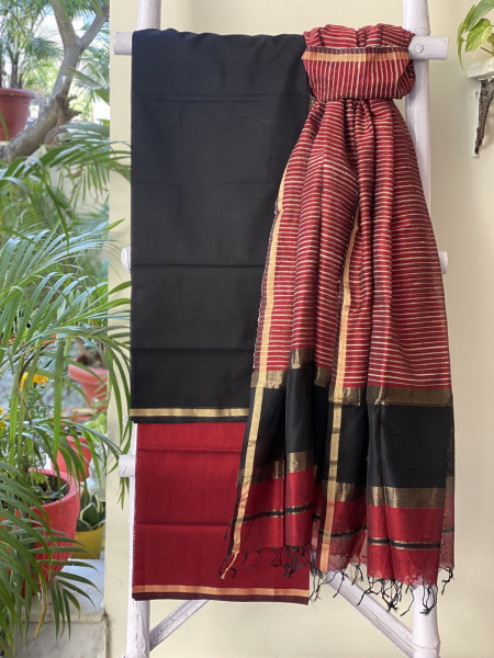 BLACK & RED  MAHESHWARI SILK & COTTON GHICHA WOVEN DUPATTA SET