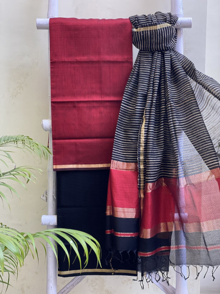RED & BLACK MAHESHWARI SILK & COTTON GHICHA WOVEN DUPATTA SET