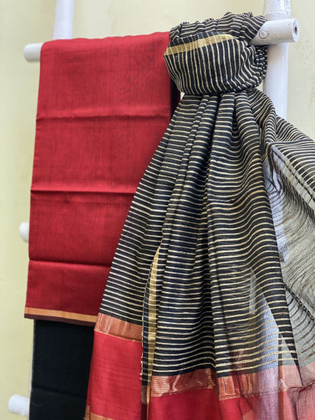 RED & BLACK MAHESHWARI SILK & COTTON GHICHA WOVEN DUPATTA SET