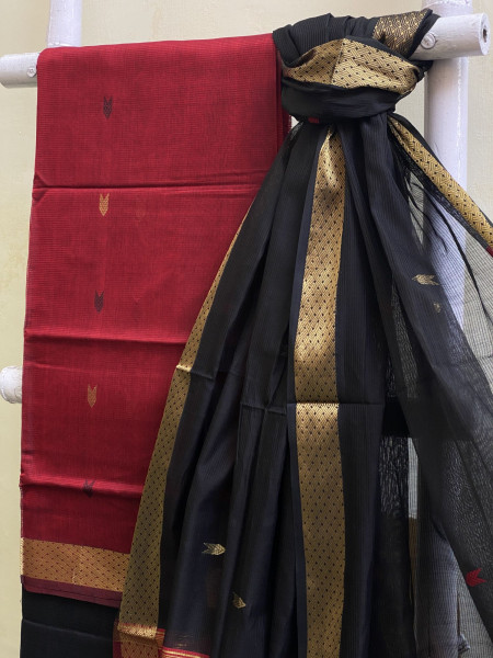 RED & BLACK MAHESHWARI SILK & COTTON ZARI BOOTA WOVEN DUPATTA SET