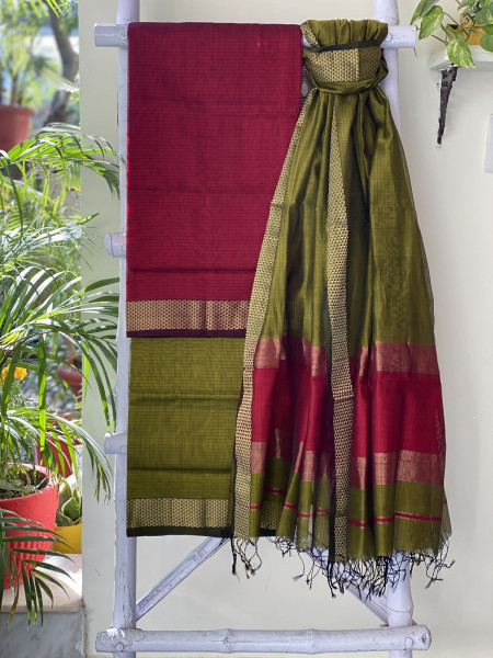 RED & MEHNDI GREEN MAHESHWARI SILK & COTTON ZARI BORDER WOVEN DUPATTA SET