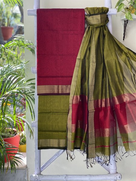 RED & MEHNDI GREEN MAHESHWARI SILK & COTTON ZARI BORDER WOVEN DUPATTA SET