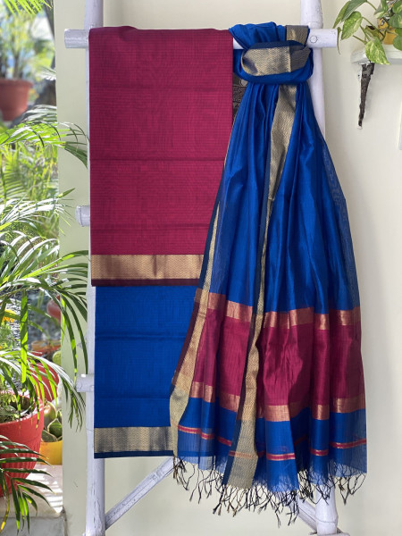 MAGENTA & BLUE MAHESHWARI SILK & COTTON ZARI BORDER WOVEN DUPATTA SET