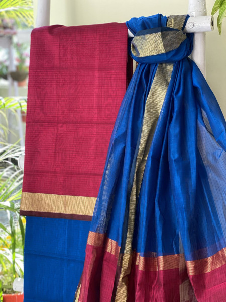 MAGENTA & BLUE MAHESHWARI SILK & COTTON ZARI BORDER WOVEN DUPATTA SET