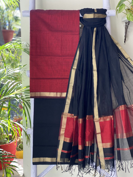RED & BLACK MAHESHWARI SILK & COTTON ZARI BORDER WOVEN DUPATTA SET