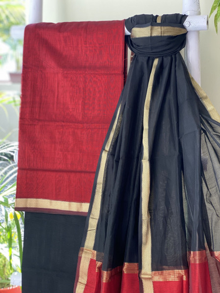 RED & BLACK MAHESHWARI SILK & COTTON ZARI BORDER WOVEN DUPATTA SET