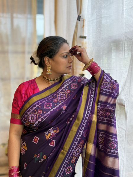 PURPLE SINGLE IKKAT PATOLA  HAND WOVEN SILK SARI