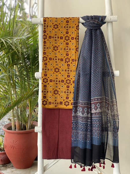 MUSTARD & INDIGO AJRAKH BLOCK PRINT KOTA DUPATTA SET