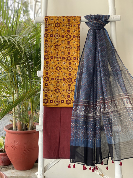 MUSTARD & INDIGO AJRAKH BLOCK PRINT KOTA DUPATTA SET