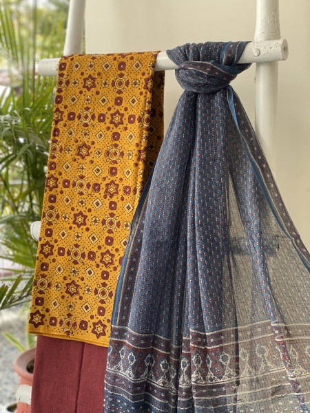 MUSTARD & INDIGO AJRAKH BLOCK PRINT KOTA DUPATTA SET